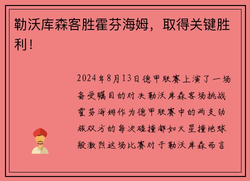 勒沃库森客胜霍芬海姆，取得关键胜利！